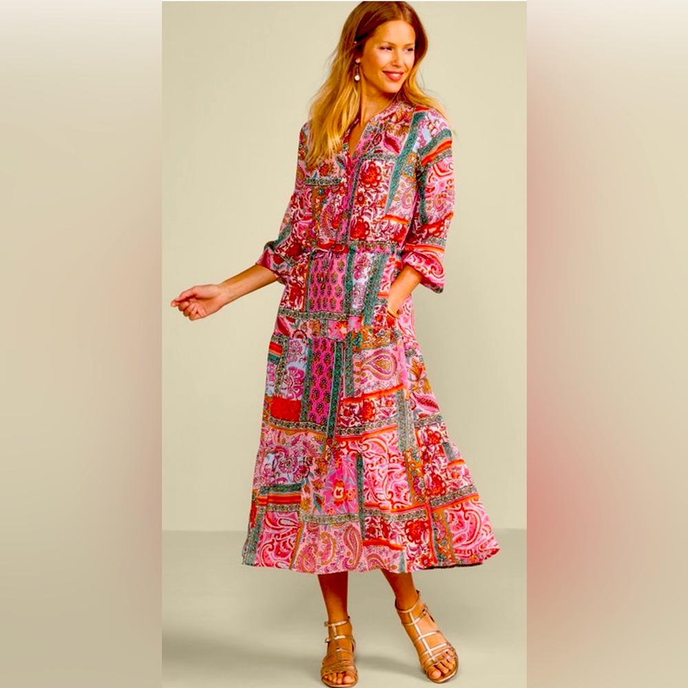Soft Surroundings Patchwork Maxi Dress M Boho Long Sleeve NEW